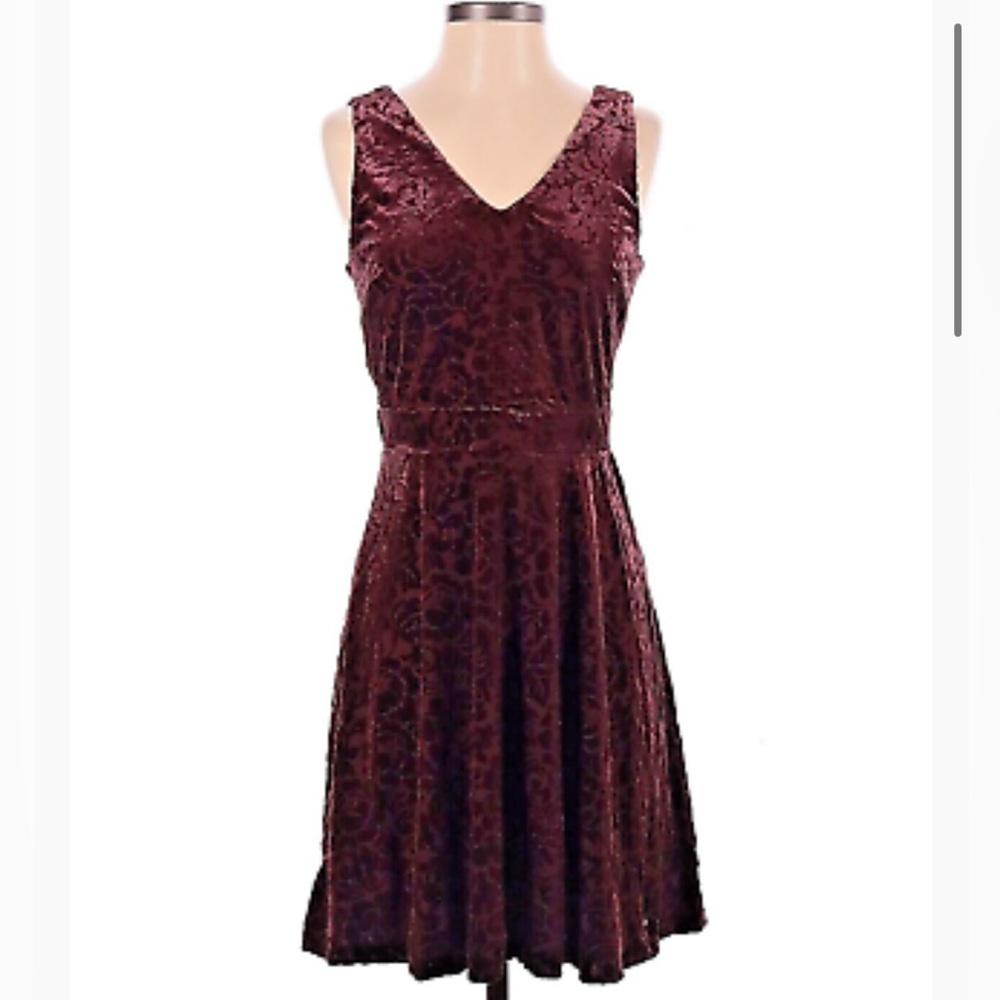 NWT Ann Taylor LOFT 10 Fit & Flare Burgundy V-Neck Floral Textured Dress $80
